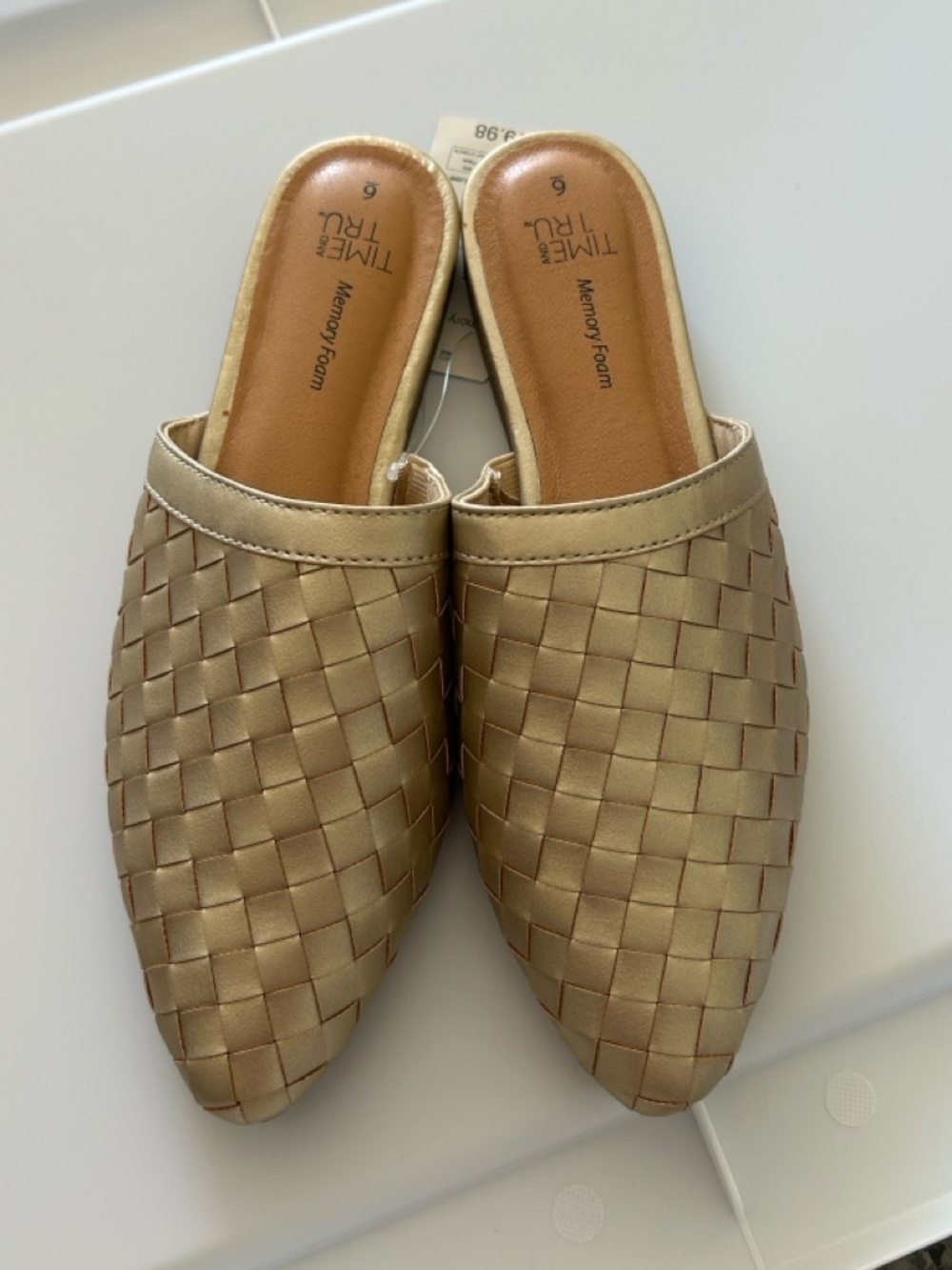 Time and Tru Woven Pointed Slip-On Mules in Metallic Gold